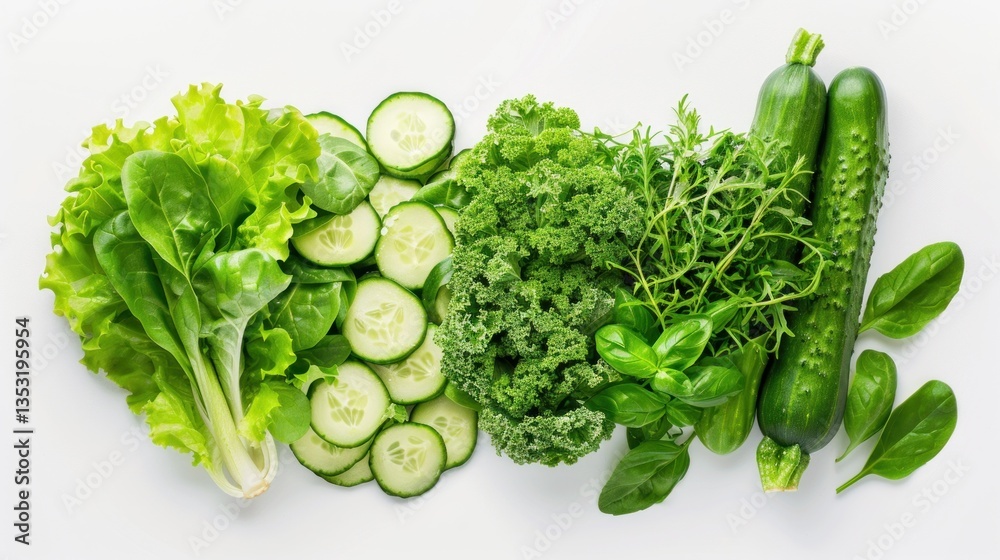 Obraz premium Fresh garden assortment showcasing vibrant green vegetables and herbs