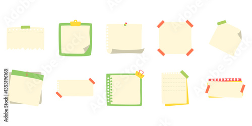 Set of paper for notes with flat cute style. Large collection of cute blank sticky notes. Vector illustration and isolated.