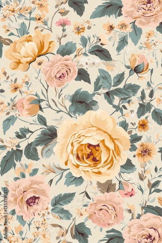 A floral pattern featuring detailed illustrations of blooming flowers and foliage