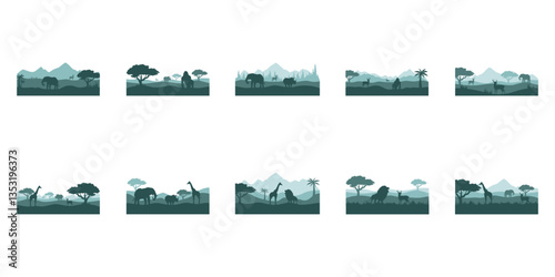 Set of wild life silhouette landscape. Vector mountains forest woodland background with wild animal.