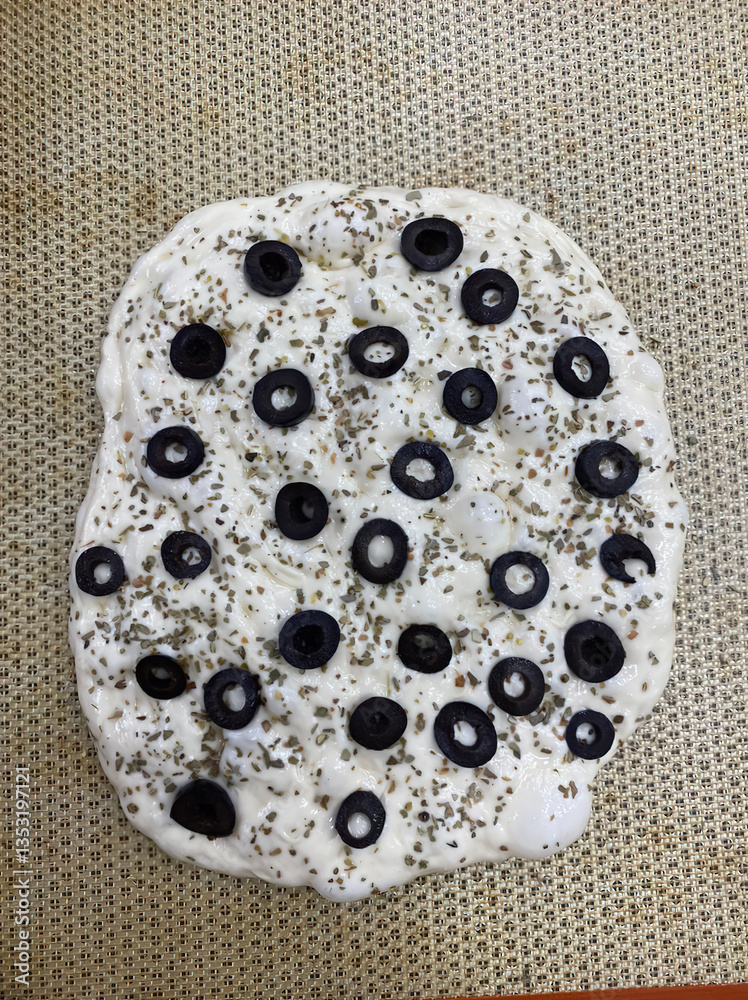 Raw Pizza Dough with Black Olives and Herbs Raw Pizza Dough with Black Olives and Herbs