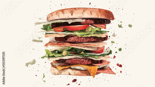 A high-angle, close-up shot of a large, double-stacked sandwich in midair against a white background. The sandwich features toasted bread slices, multiple layers of grilled meat, cheese slices,