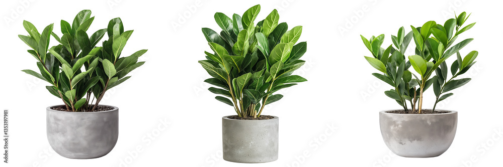 A compact ZZ plant with waxy, deep green leaves growing in an industrial-style concrete pot, isolated on a transparent background A compact ZZ plant with waxy, deep green leaves growing in an industrial-style concrete pot, isolated on a transparent background