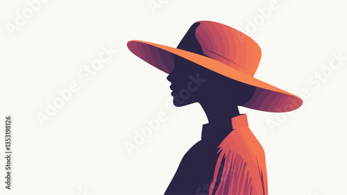 A minimalist vector illustration depicting the profile of a woman wearing a large, wide-brimmed hat. The style is graphic and uses a limited color palette of oranges, reds, and deep blues/purples.