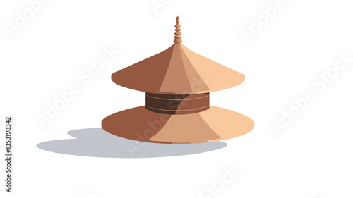 Isometric vector illustration of a double-tiered structure with a thatched roof. The structure is primarily light brown and beige, with a dark brown band separating the two tiers.  The illustration