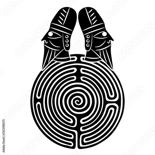 Philosophical design with two antique male heads on a round spiral maze or labyrinth symbol. Dualistic symbol. Black and white silhouette.