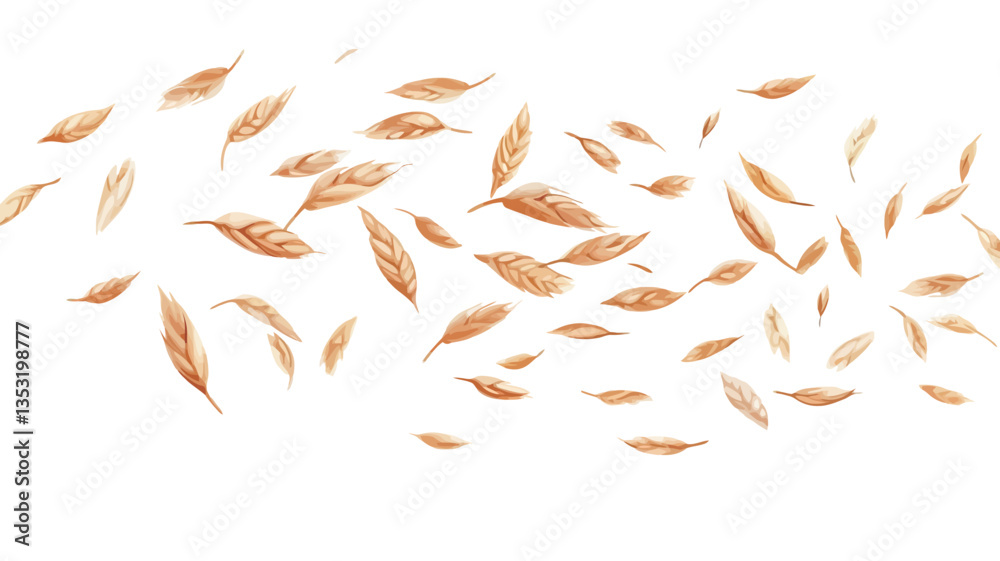 Fototapeta premium The image shows numerous oat grains falling or floating against a pure white background. The grains are light golden brown and vary slightly in size and orientation. They are scattered across the