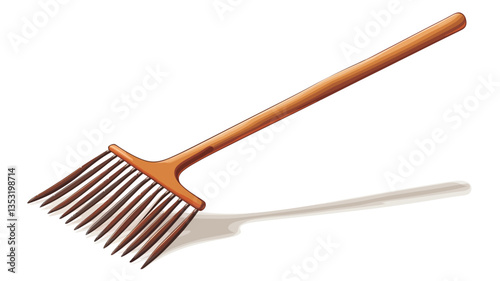 Close-up studio shot of a wooden hand rake isolated on a white background. The rake features a long, light brown wooden handle and a head with numerous thin, closely spaced tines. The image is