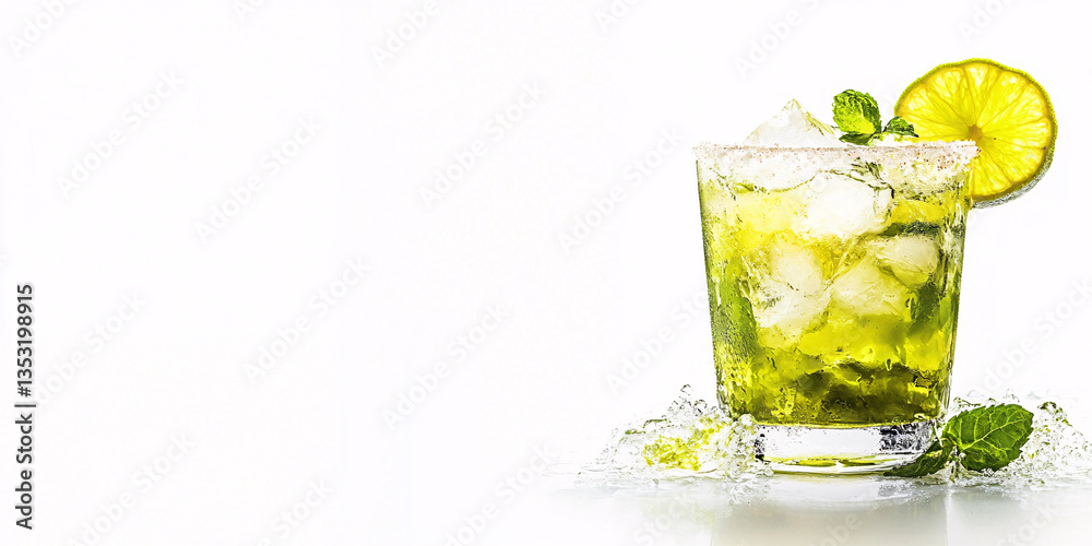 Fototapeta premium A close-up shot of a vibrant green cocktail garnished with lime and mint.