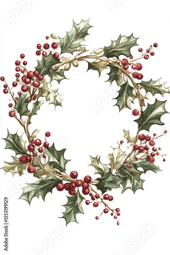 A beautiful watercolor illustration of a festive holly wreath