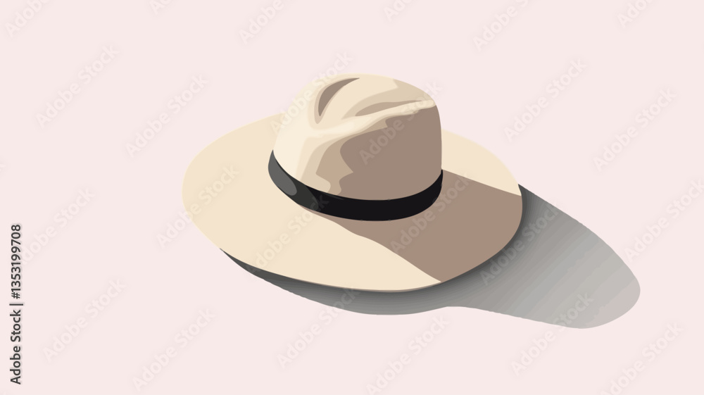 Digital illustration of a panama hat. The hat is light beige or cream-colored with a black band around the crown. It is presented on a plain white background, with a subtle shadow cast to the lower Digital illustration of a panama hat. The hat is light beige or cream-colored with a black band around the crown. It is presented on a plain white background, with a subtle shadow cast to the lower