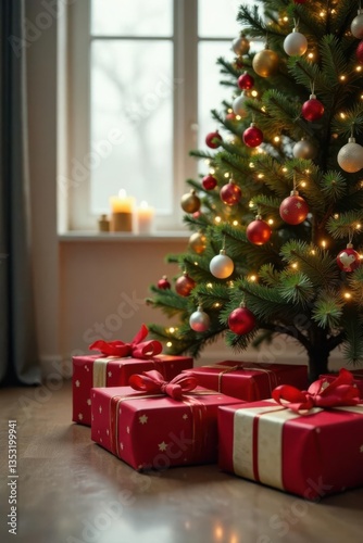 Array of wrapped gifts beneath a beautifully decorated Christmas tree, colorful ornaments, christmas tree