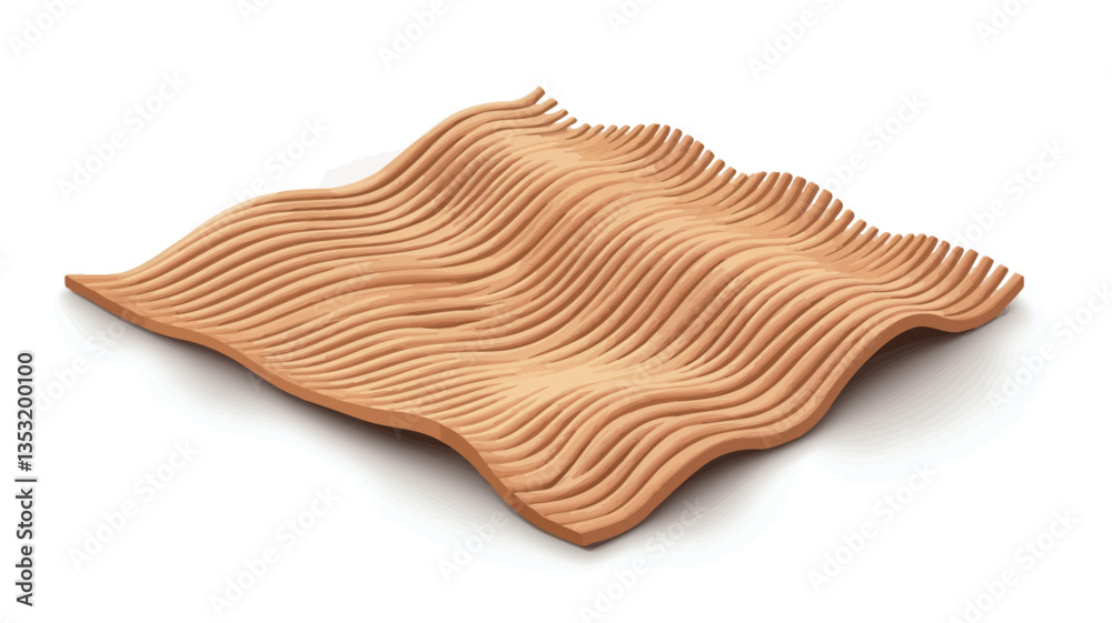 High-angle, close-up studio shot of a light brown, abstract wooden sculpture. The sculpture is composed of numerous thin, parallel wooden slats arranged to create a wavy, undulating surface. The