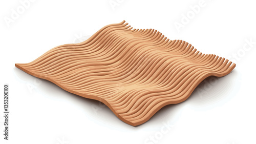 High-angle, close-up studio shot of a light brown, abstract wooden sculpture. The sculpture is composed of numerous thin, parallel wooden slats arranged to create a wavy, undulating surface. The