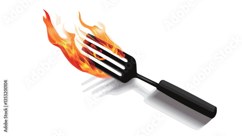 A close-up shot of a black spatula-like fork with flames emanating from its tines. The fork is positioned diagonally against a stark white background. The flames are rendered realistically with