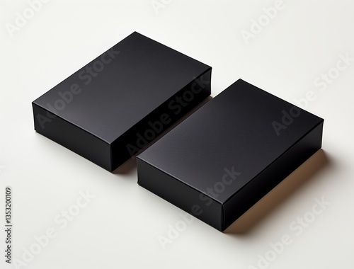 Two sleek black rectangular boxes on white background, Mockup Isolated. perfect for product packaging or gift presentation
