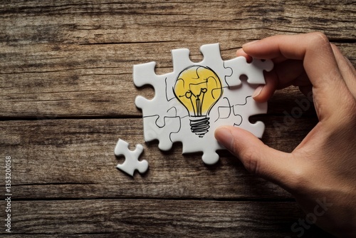 Hand placing final puzzle piece completing lightbulb image. (1) photo