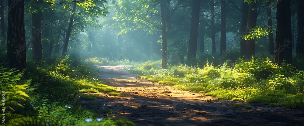 Fototapeta premium Sunlit Forest Path with Misty Morning Walk.