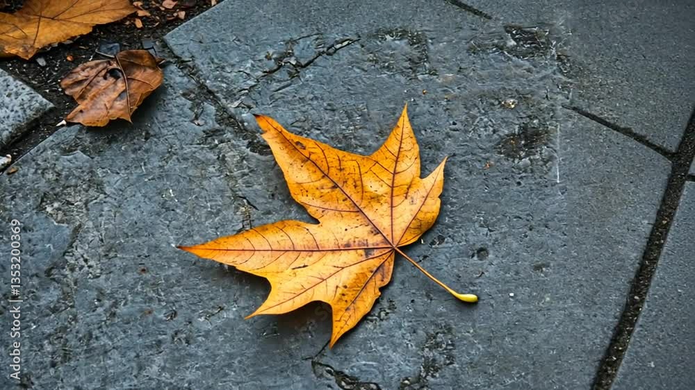 A vibrant yellow autumn leaf rests on wet gray pavement with two fallen leaves. A vibrant yellow autumn leaf rests on wet gray pavement with two fallen leaves.