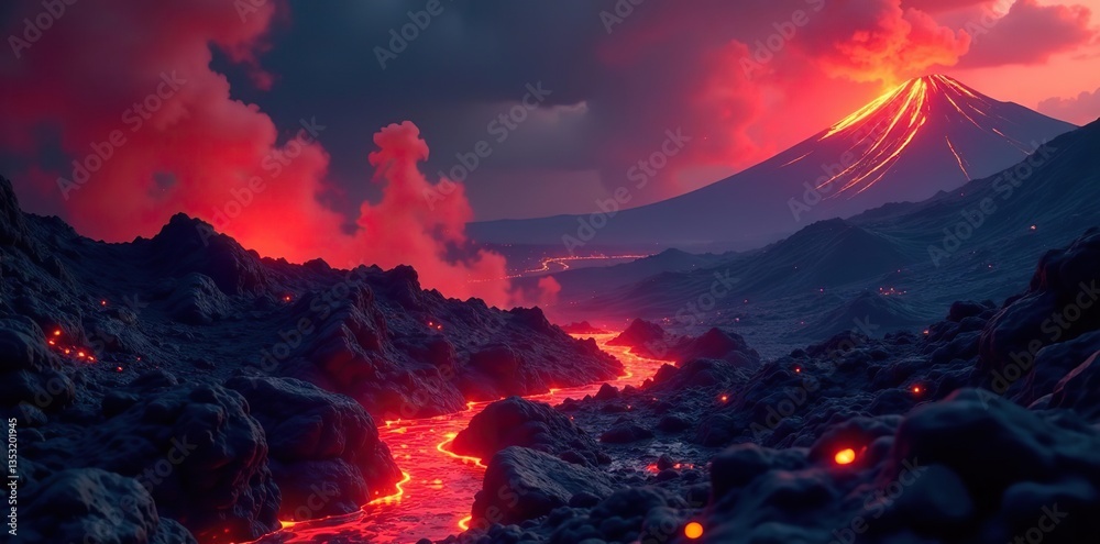 Abstract illustration of a volcanic landscape glowing with red hot lava, dynamic, abstract Abstract illustration of a volcanic landscape glowing with red hot lava, dynamic, abstract