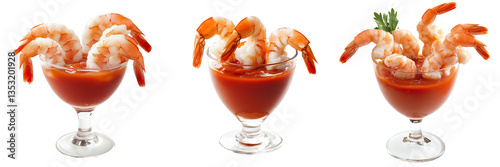 Delicious shrimp cocktail with fresh shrimp around glass rim isolated on transparent background