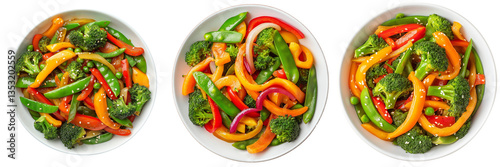 A colorful stir-fry featuring vibrant bell peppers, broccoli florets, carrots, and snap peas, isolated on a transparent background
