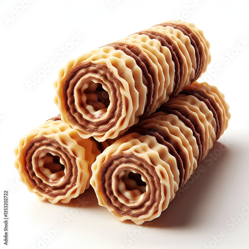 Three brown striped wafer rolls isolated on white background.