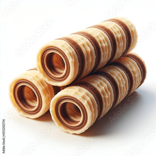 Three brown striped wafer rolls isolated on white background.