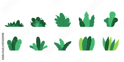 Bushes illustration in flat style. Collection green plants for decoration. Vector isolated on white background.