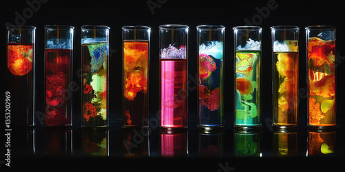 Colorful chemical reactions in glass test tubes.