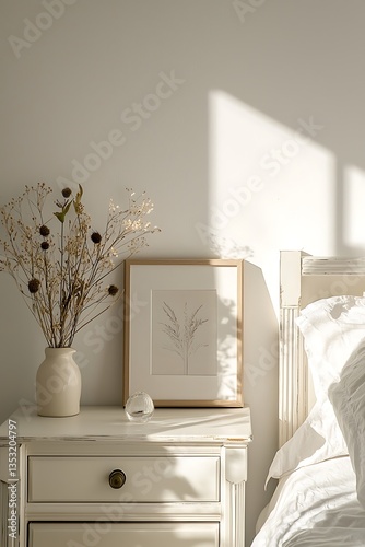 Small frame wall mockup on a bedside table with soft natural light