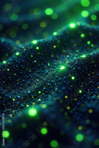 Neon green dots dancing across a grid-like mesh background filled with tiny silver spheres , futuristic, sphere, dot
