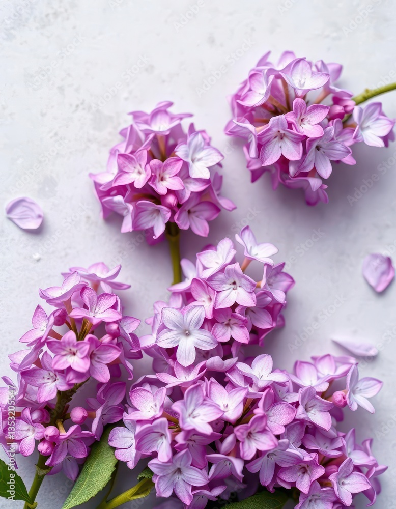 Fototapeta premium Delicate violet lilac blooms arranged on a soft grey backdrop, blossom, subtle