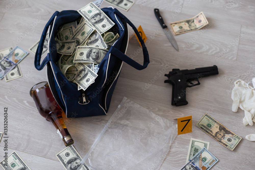 Black duffel bag full of dollar notes in criminal investigation unit, conceptual image