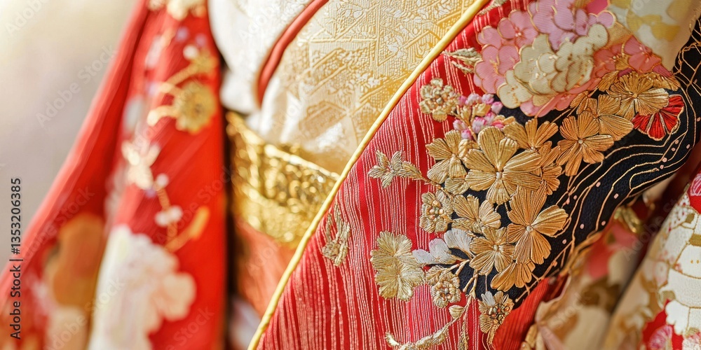 Fototapeta premium a Japanese kimono featuring fine gold leaf embroidery on the fabric
