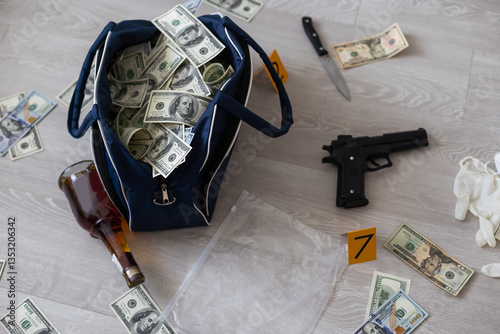 Obraz na płótnie Black duffel bag full of dollar notes in criminal investigation unit, conceptual image w salonie