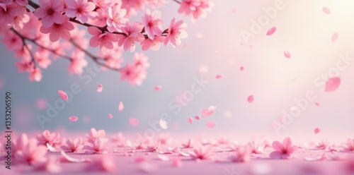 Soft pink sakura petals drifting down gently on a serene pastel landscape , gentle descent, spring scene, serene background