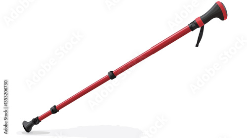A studio shot of a red adjustable walking cane angled against a white background.  The cane is primarily red with black accents on the handle and base.  It appears to be made of a lightweight