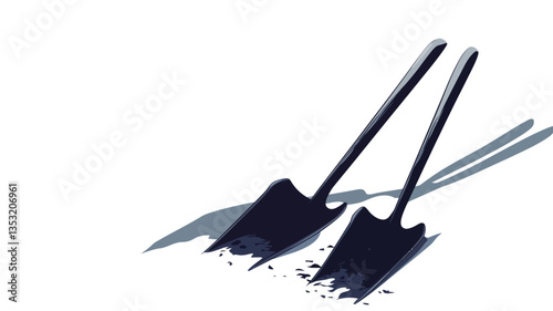 A minimalist digital illustration depicts two dark blue shovels partially submerged in a small pile of snow. The shovels are presented at a slight angle, their handles crossing. The style is clean