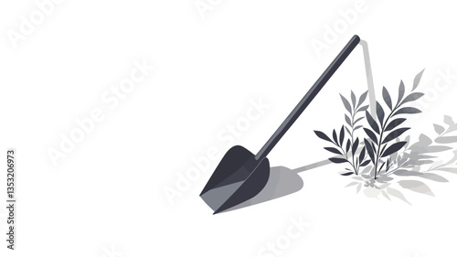 The image is a digital illustration featuring an isometric view of a dark grey shovel or scoop with a long handle.  It's positioned on a white background, casting a shadow. Next to the shovel is a