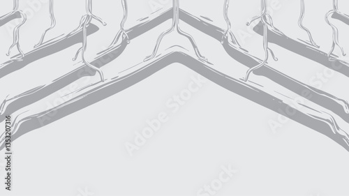 Close-up overhead shot of multiple silver metal clothes hangers arranged symmetrically against a plain white background. The hangers create a repeating pattern, with their mirrored shapes forming a