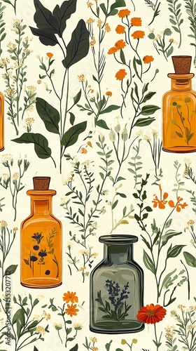 Pattern of vintage jars with herbs and flowers.