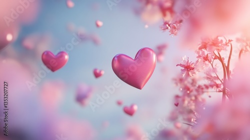 Floating hearts among cherry blossoms, spring sky background