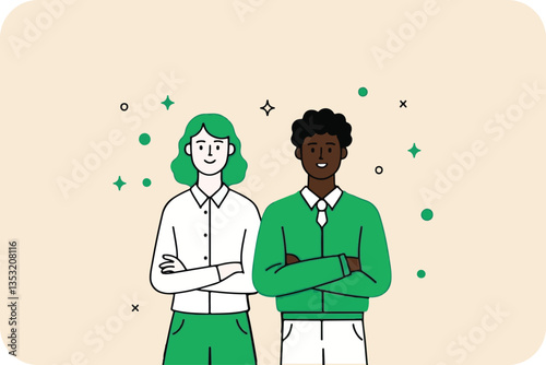 Confident Man and Woman: Diversity, Teamwork, and Success Vector Illustration Art