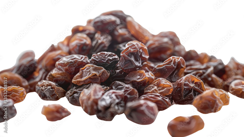 Pile of Sweet Raisins: A close-up image of a pile of sweet, dried raisins. Each raisin showcases its wrinkled texture, tempting color, and appealing shape. Pile of Sweet Raisins: A close-up image of a pile of sweet, dried raisins. Each raisin showcases its wrinkled texture, tempting color, and appealing shape.