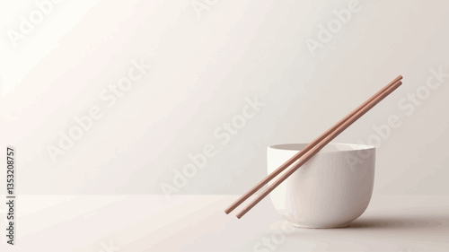 The image depicts a minimalist still life composition.  A white ceramic bowl is positioned slightly off-center on a light-toned surface.  A pair of light brown wooden chopsticks rests across the