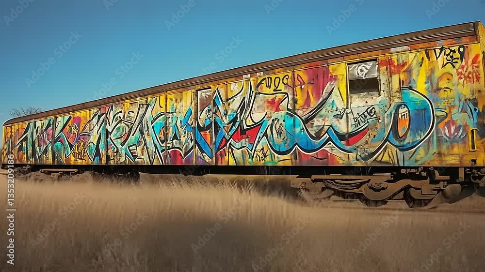 Colorful graffiti on an abandoned train car in a grassy field under a clear blue sky