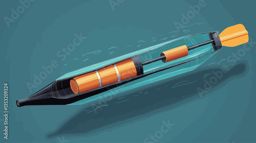 A digital illustration depicting a futuristic propulsion system. The image showcases a stylized, cutaway view of a streamlined device with internal components, including cylindrical elements