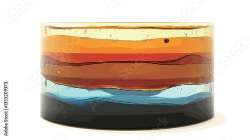 Close-up shot of a cylindrical glass vessel. The glass is layered with horizontal bands of color, creating a stratified effect.  The colors transition from dark blue at the bottom to black, then