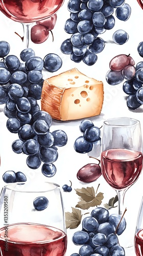 Wine, cheese, and grapes pattern design.